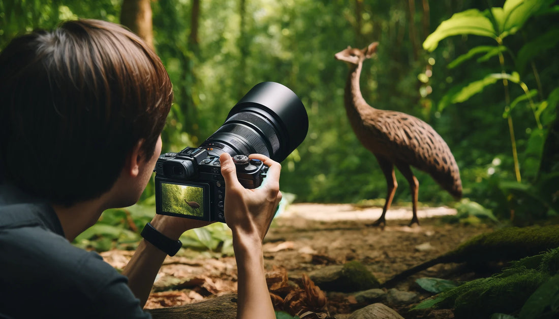 A professional wildlife photographer using a high-end mirrorless camera in a natural setting. The photographer is capturing a close-up shot of a wild animal in a lush, green forest.