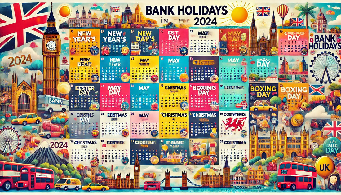 A vibrant calendar page showing all the bank holidays in the UK for the year 2024. The calendar is colorful and neatly organized, with each holiday clearly marked and labelled.