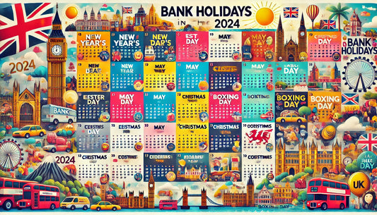 A vibrant calendar page showing all the bank holidays in the UK for the year 2024. The calendar is colorful and neatly organized, with each holiday clearly marked and labelled.