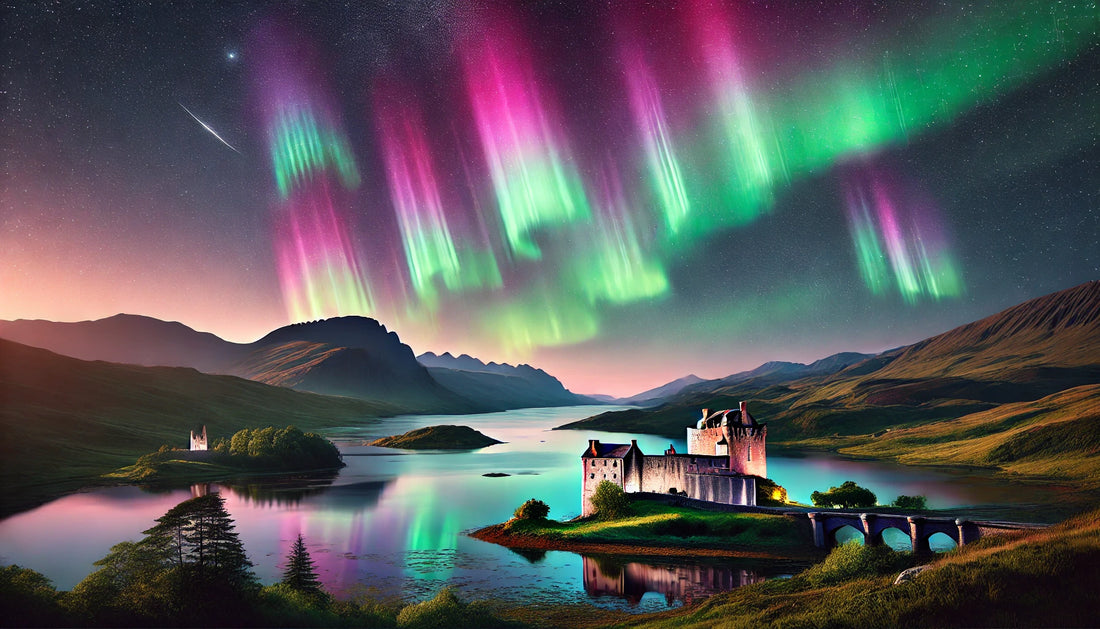 A stunning display of the Northern Lights (Aurora Borealis) in the UK. The night sky is illuminated with vibrant greens, pinks, and purples of the auroras, dancing above a serene landscape. 