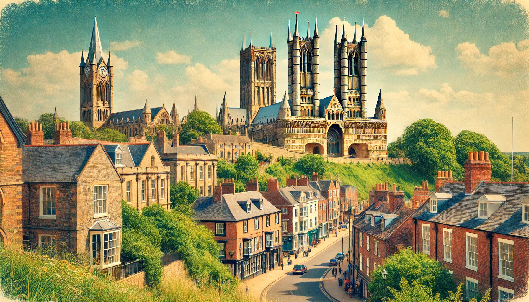 A picturesque view of Lincoln, England, showcasing its most iconic landmarks. In the foreground, Lincoln Cathedral stands majestically with its towering spires and intricate Gothic architecture.