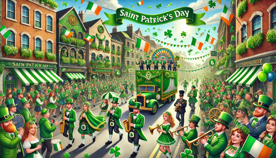 A vibrant scene of a Saint Patrick's Day parade. The streets are filled with people wearing green attire and accessories, waving Irish flags, and holding shamrocks. 