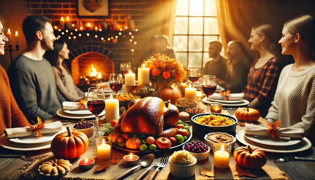 A warm and festive scene of a Thanksgiving celebration. A beautifully set table is filled with a traditional Thanksgiving feast, including a golden roast turkey, stuffing, mashed potatoes, cranberry sauce, and pumpkin pie.