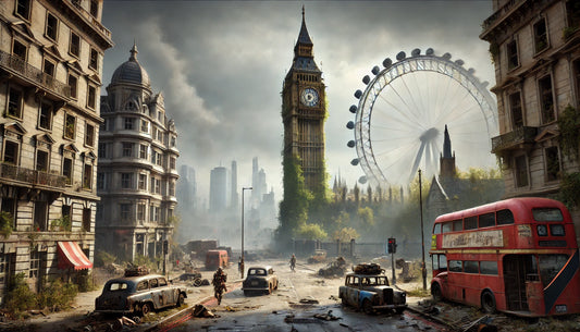 A post-apocalyptic scene of London from the Fallout universe. The iconic Big Ben is partially destroyed, with vegetation overgrowing its base. The streets are in ruins, with abandoned cars and debris scattered around.