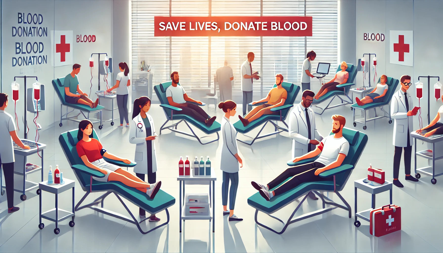 A scene showing a diverse group of people donating blood at a blood donation center. The donors are seated comfortably, each with a healthcare professional assisting them. 