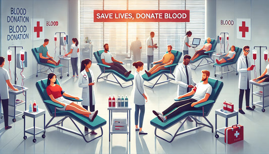 A scene showing a diverse group of people donating blood at a blood donation center. The donors are seated comfortably, each with a healthcare professional assisting them. 