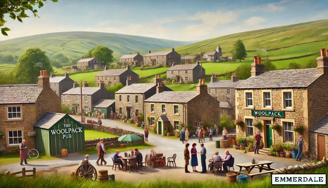 A picturesque scene from the fictional village of Emmerdale, featuring iconic elements such as the village green, The Woolpack pub, and the surrounding Yorkshire Dales. 