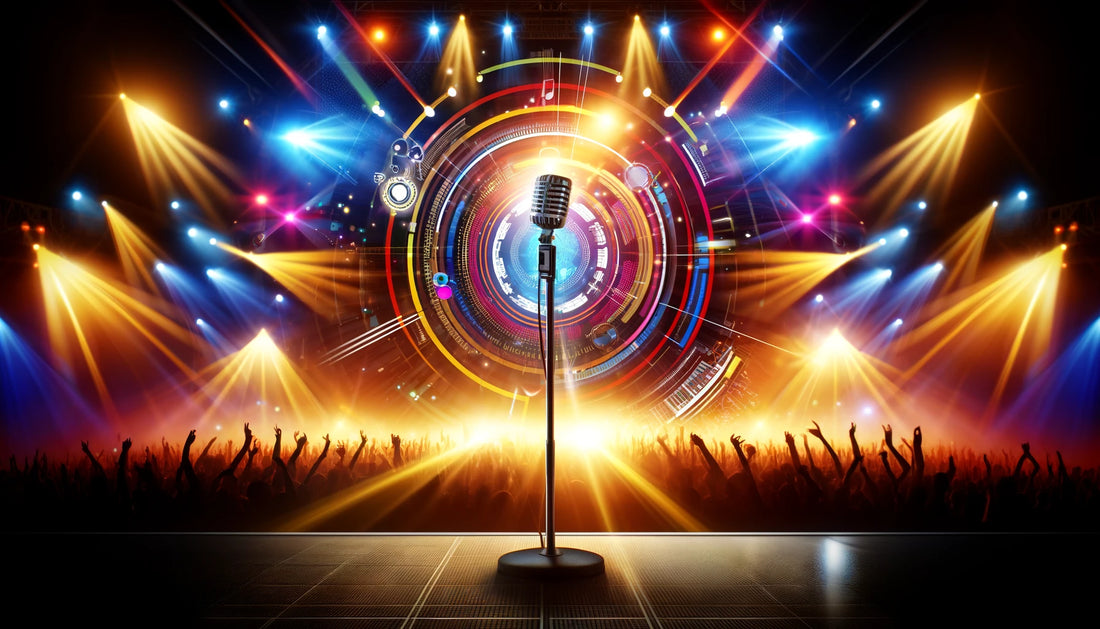 A vibrant concert stage scene featuring a microphone on a stand at the center. The stage is illuminated with bright lights, colorful spotlights, and a dynamic backdrop with various graphics and visuals.