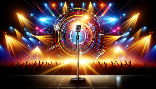 A vibrant concert stage scene featuring a microphone on a stand at the center. The stage is illuminated with bright lights, colorful spotlights, and a dynamic backdrop with various graphics and visuals.