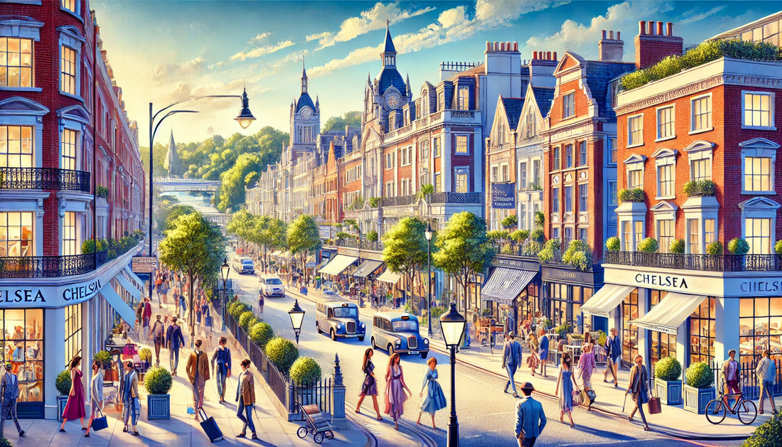 A vibrant and picturesque scene of Chelsea, London, featuring iconic elements such as the bustling King's Road with chic boutiques and trendy restaurants.