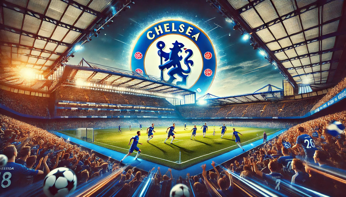 A dynamic scene featuring Chelsea Football Club at Stamford Bridge. The image includes a packed stadium with cheering fans, the iconic Chelsea blue colours, and the team's logo prominently displayed.