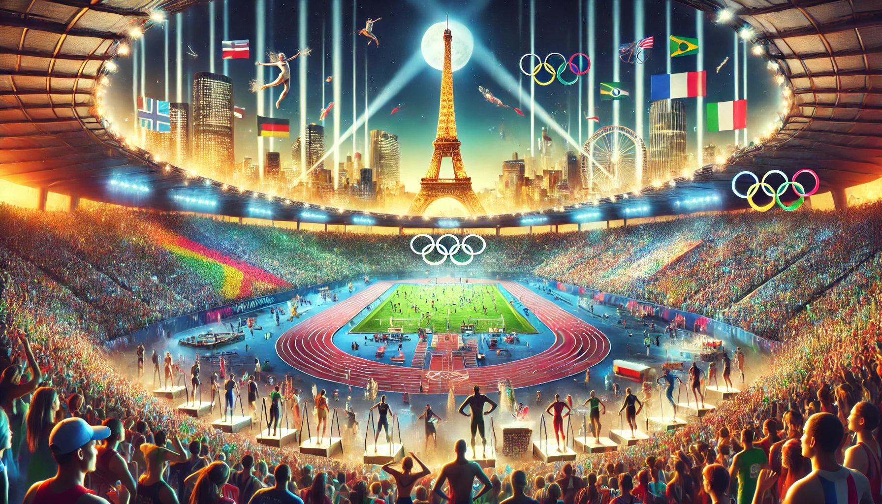 A vibrant and dynamic scene of the 2024 Summer Olympics in Paris. The main stadium, Stade de France, is filled with spectators. Athletes from various countries are seen competing in different sports like track and field, gymnastics, and swimming.