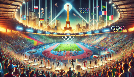 A vibrant and dynamic scene of the 2024 Summer Olympics in Paris. The main stadium, Stade de France, is filled with spectators. Athletes from various countries are seen competing in different sports like track and field, gymnastics, and swimming.