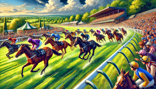 A dynamic scene featuring horse racing at Uttoxeter Racecourse. The image includes a group of horses and jockeys racing down the track, with the lush green landscape and grandstands in the background filled with cheering spectators.