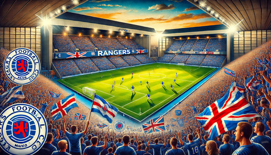 A vibrant scene of a Rangers Football Club match at Ibrox Stadium. The stadium is packed with enthusiastic fans waving flags and wearing the team's blue colors.