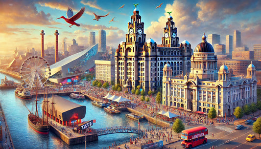 A vibrant scene showcasing the city of Liverpool. The iconic waterfront with the Royal Liver Building is prominently displayed, with its clock towers and Liver Birds. 