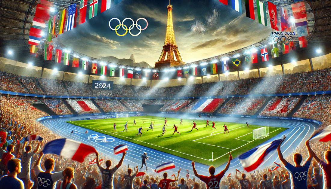 A dynamic scene of an Olympic football match at the 2024 Paris Olympics. The stadium is packed with enthusiastic fans waving flags and wearing their national colors.