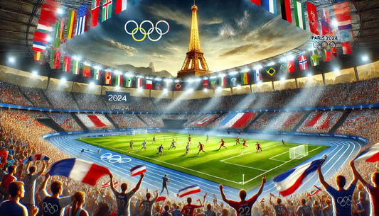 A dynamic scene of an Olympic football match at the 2024 Paris Olympics. The stadium is packed with enthusiastic fans waving flags and wearing their national colors.