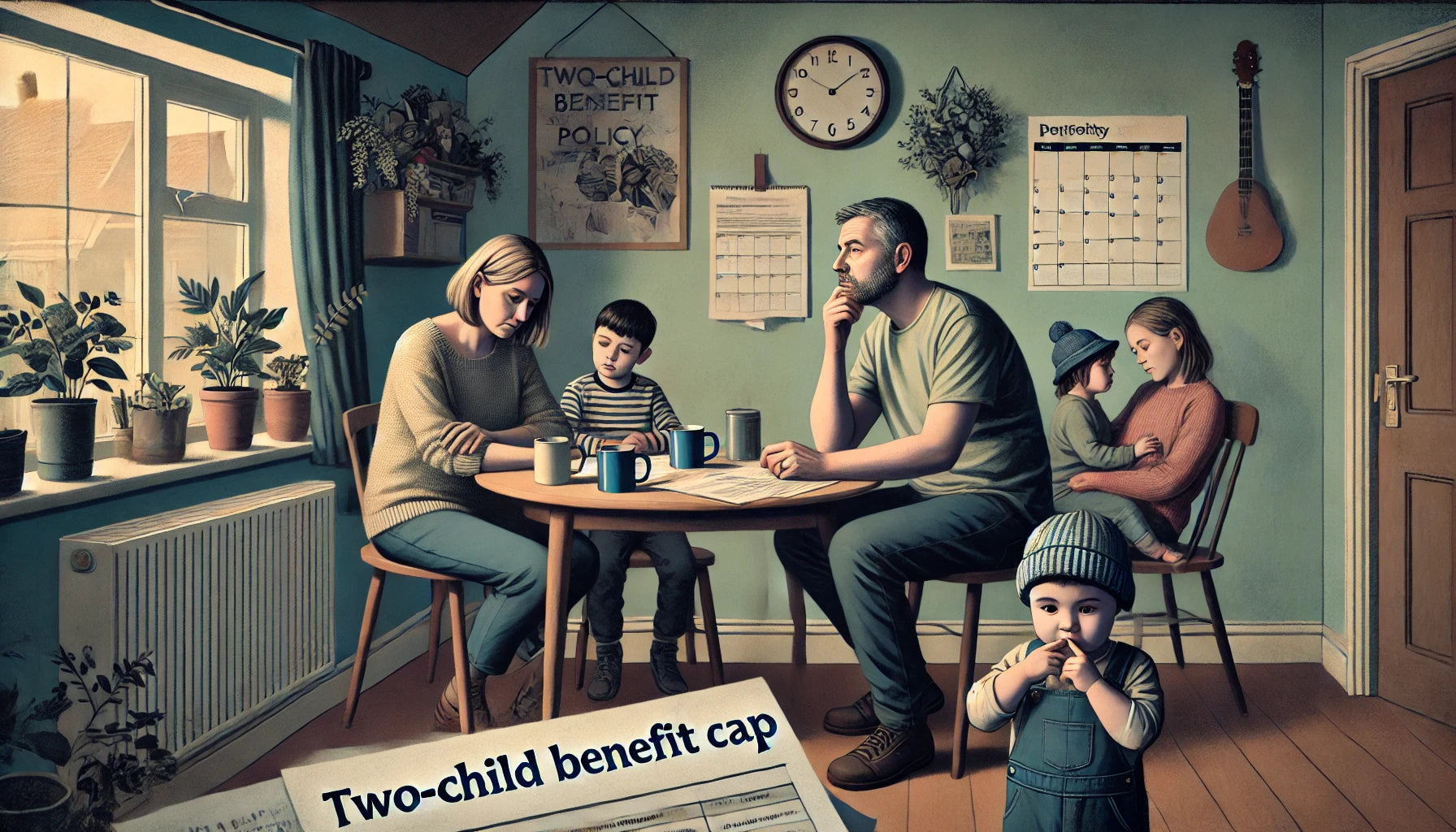 A thoughtful scene depicting a family of five in their home, reflecting the impact of the two-child benefit cap policy. The parents are seated at a table with paperwork, looking concerned, while their three children play nearby.
