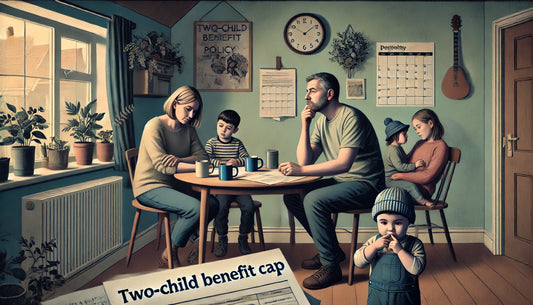 A thoughtful scene depicting a family of five in their home, reflecting the impact of the two-child benefit cap policy. The parents are seated at a table with paperwork, looking concerned, while their three children play nearby.