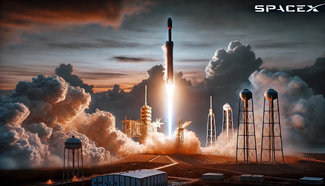A dramatic scene of a SpaceX rocket launching into the sky. The rocket, sleek and powerful, is lifting off from the launch pad with a trail of bright flames and smoke. 