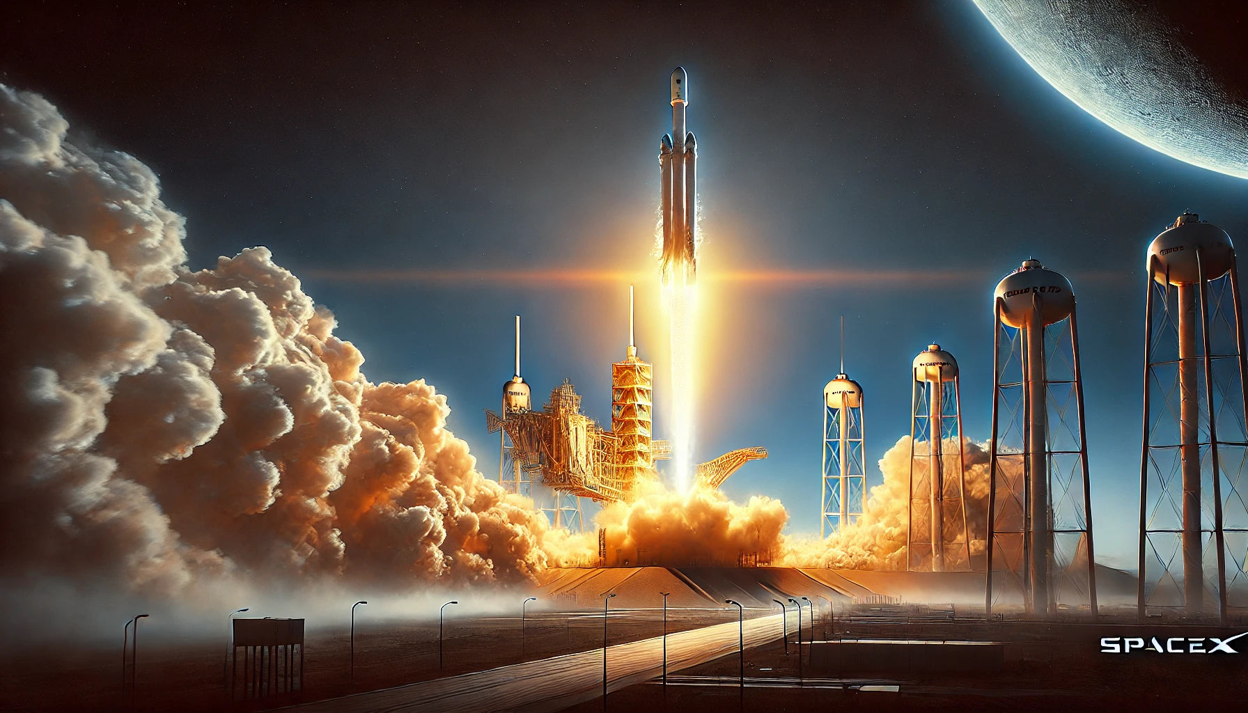 A dynamic scene of a SpaceX rocket launching into space. The rocket is lifting off from the launch pad with bright flames and smoke trailing behind it. 