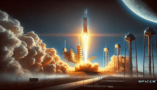 A dynamic scene of a SpaceX rocket launching into space. The rocket is lifting off from the launch pad with bright flames and smoke trailing behind it. 