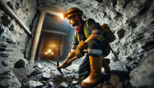 A miner working inside a tunnel. The miner is wearing protective gear, including a hard hat with a headlamp, a reflective vest, gloves, and sturdy boots.