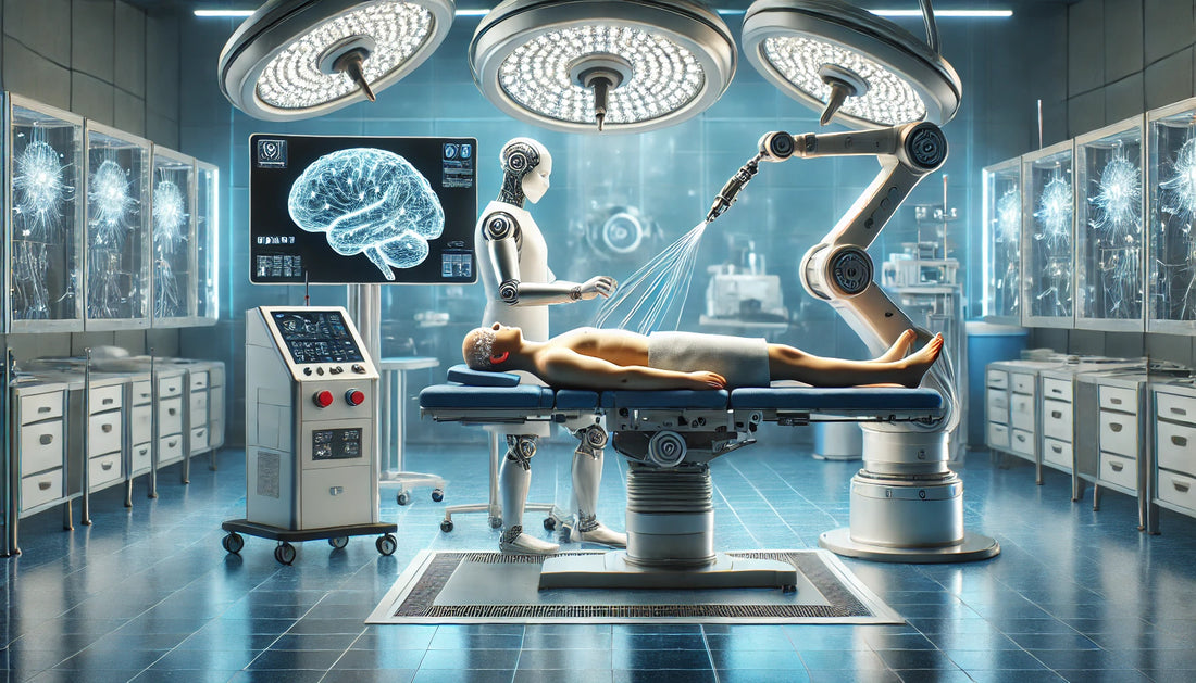 A futuristic scene depicting a Neuralink device being implanted in a human brain. The setting is a high-tech surgical room with advanced robotic equipment.