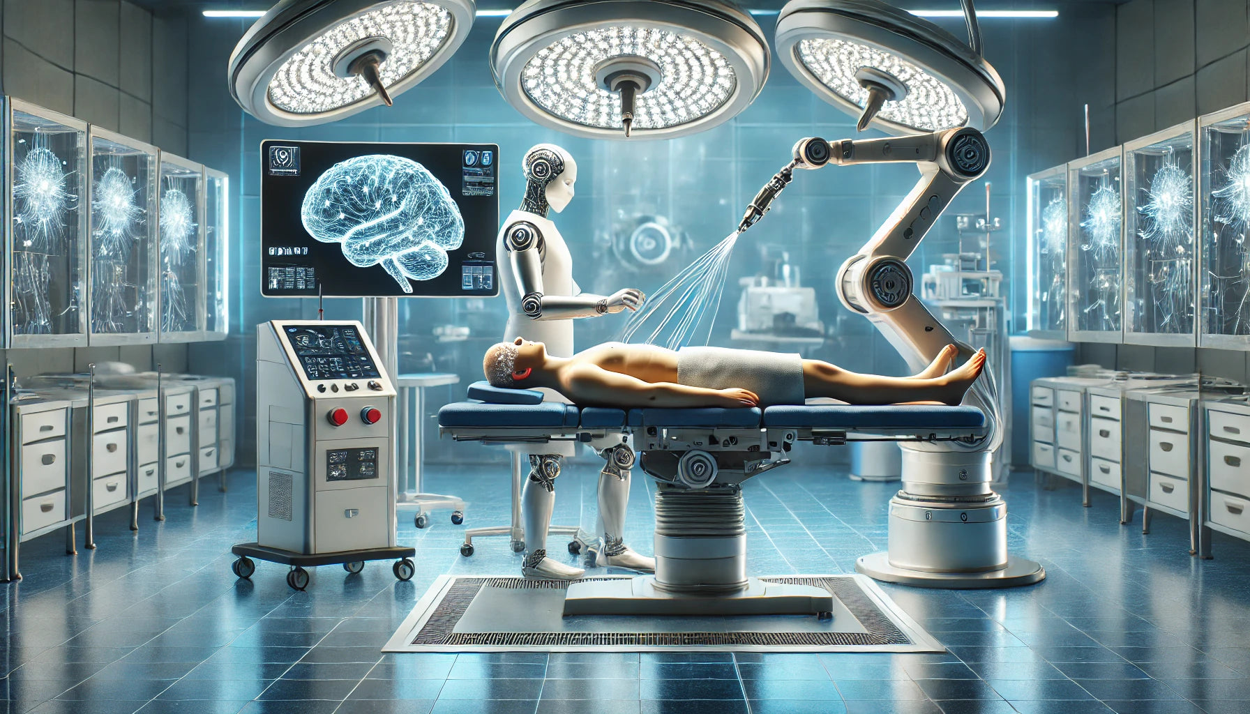 A futuristic scene depicting a Neuralink device being implanted in a human brain. The setting is a high-tech surgical room with advanced robotic equipment.