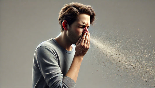 A realistic scene of a person mid-sneeze. The individual, wearing casual clothing, has their eyes closed and mouth open. Visible droplets are dispersed from the sneeze, illustrating the spread of particles.