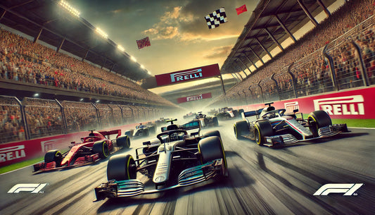 A thrilling scene of a Formula 1 race. The image shows several F1 cars racing at high speed on a track with tight turns and a grandstand filled with cheering fans. The cars are sleek and aerodynamic, displaying the logos of various sponsors.