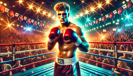 Jake Paul in a boxing ring, wearing boxing gloves and trunks, looking intense and focused. The background shows an enthusiastic crowd with bright lights and banners, creating an electrifying atmosphere.