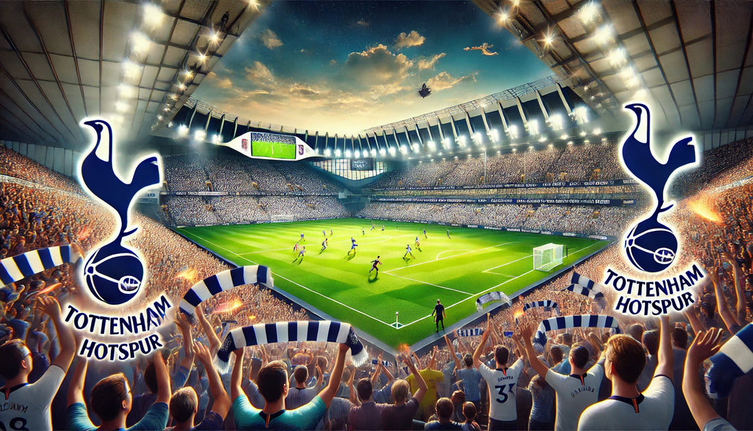 A vibrant scene of a Tottenham Hotspur football match at the Tottenham Hotspur Stadium. The stadium is filled with enthusiastic fans waving scarves and flags.