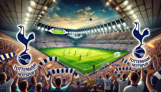 A vibrant scene of a Tottenham Hotspur football match at the Tottenham Hotspur Stadium. The stadium is filled with enthusiastic fans waving scarves and flags.