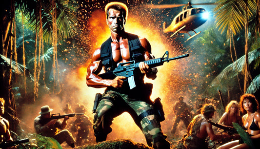 A dynamic and intense scene from the 1985 action film "Commando," featuring Arnold Schwarzenegger as John Matrix. Matrix is in his iconic combat gear, holding a weapon, with an explosion in the background. 