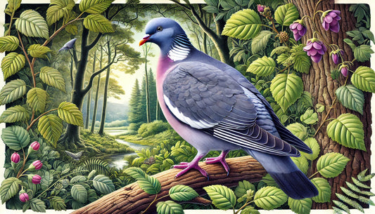 A detailed and vibrant illustration of a Common Wood Pigeon (Columba palumbus) perched on a tree branch. The bird has distinctive grey plumage with a white neck patch and a pinkish breast.