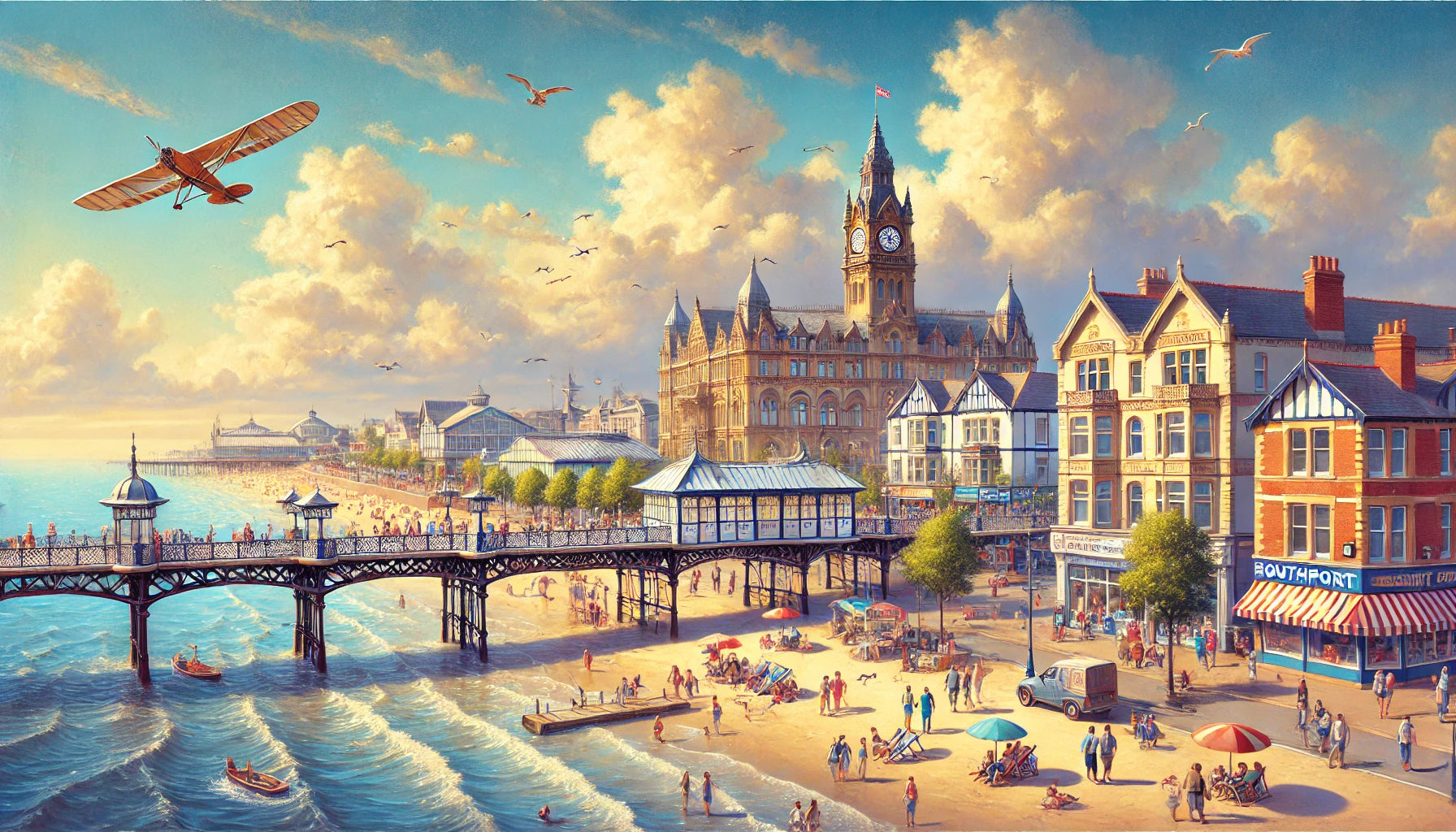 the picturesque seaside town of Southport, highlighting its historic pier, beautiful sandy beach, and vibrant promenade. The Victorian-style architecture and lively atmosphere capture the charm and appeal of Southport perfectly.