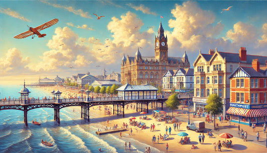 the picturesque seaside town of Southport, highlighting its historic pier, beautiful sandy beach, and vibrant promenade. The Victorian-style architecture and lively atmosphere capture the charm and appeal of Southport perfectly.