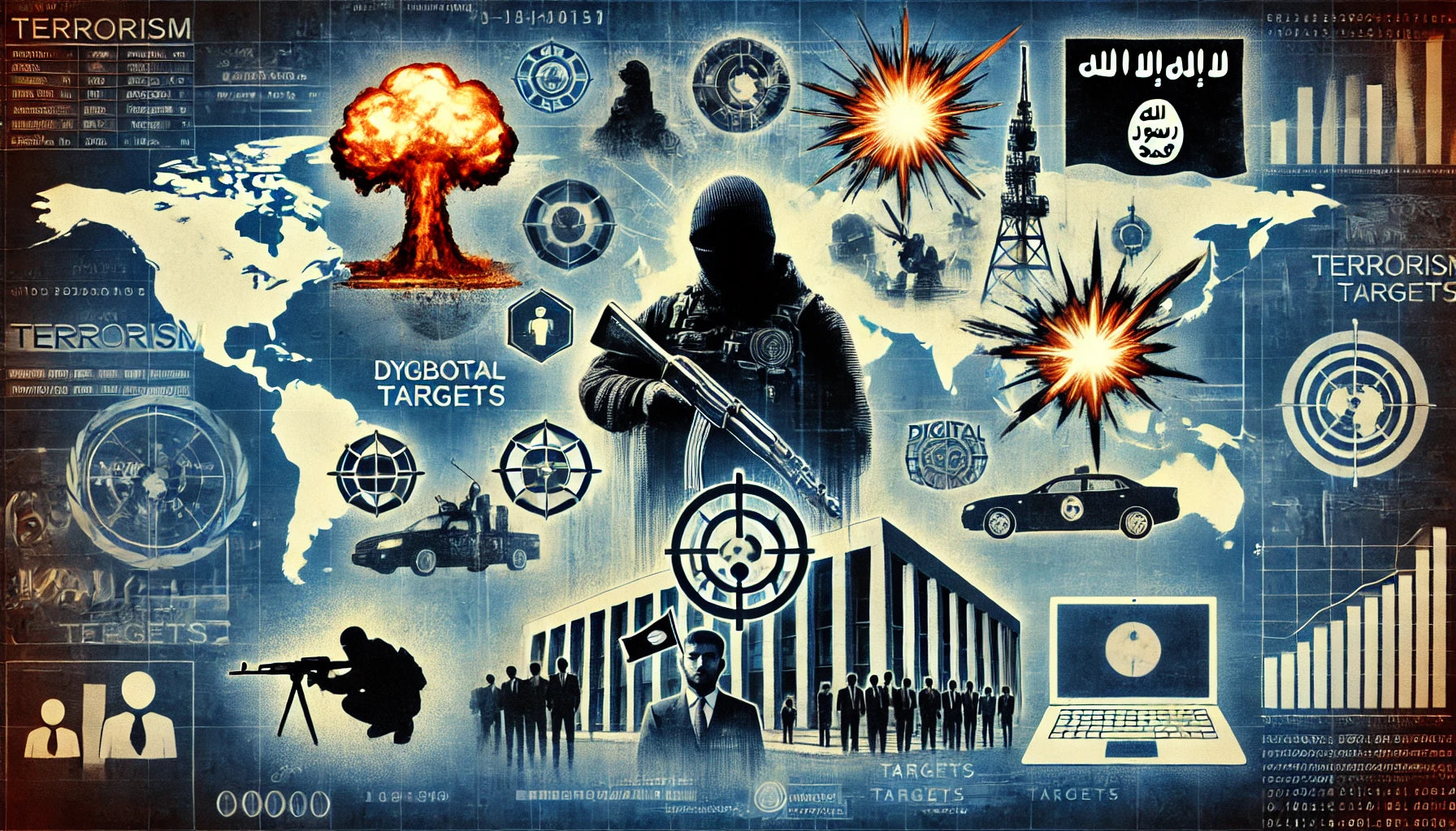 depicting various elements associated with terrorism, highlighting its global impact, symbols of violence, and surveillance aspects. This visualization captures the complex and multifaceted nature of terrorism.