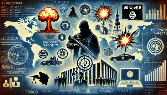 depicting various elements associated with terrorism, highlighting its global impact, symbols of violence, and surveillance aspects. This visualization captures the complex and multifaceted nature of terrorism.