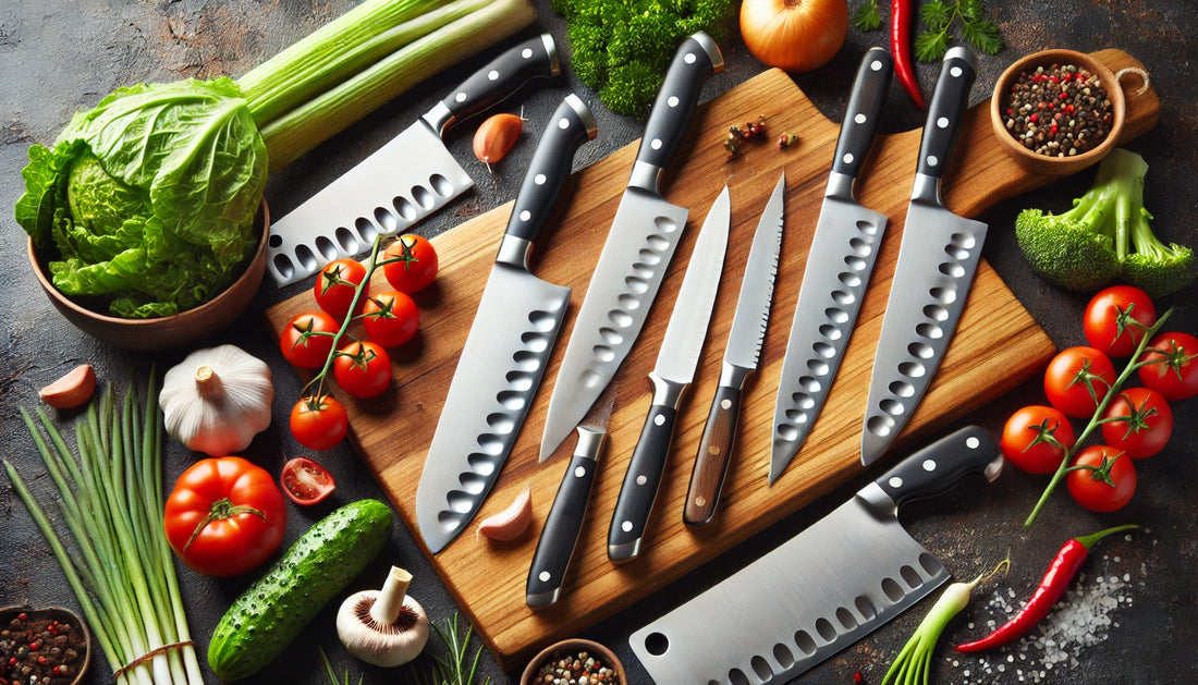 a variety of culinary knives on a wooden cutting board with fresh ingredients such as vegetables and herbs. This bright and inviting scene highlights the versatility and essential role of these knives in the kitchen.