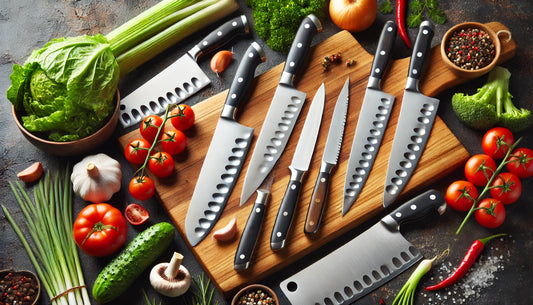a variety of culinary knives on a wooden cutting board with fresh ingredients such as vegetables and herbs. This bright and inviting scene highlights the versatility and essential role of these knives in the kitchen.