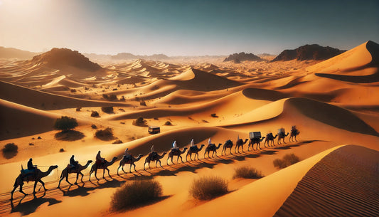A breathtaking view of the Arabian Desert featuring vast stretches of golden sand dunes under a clear blue sky. A camel caravan led by Bedouin tribesmen traverses the dunes, capturing the essence of traditional desert life.