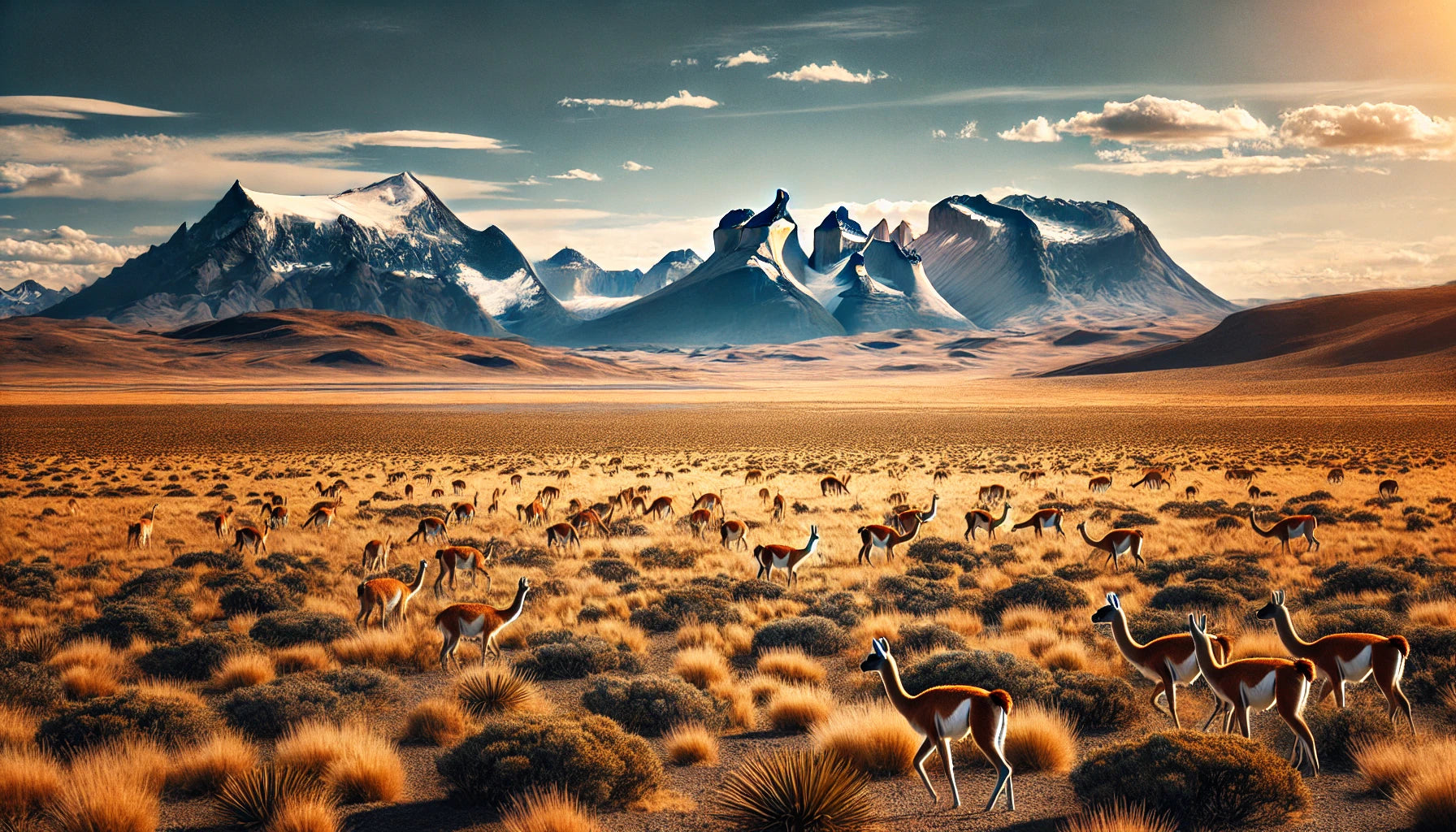 A stunning view of the Patagonian Desert featuring vast, arid plains with sparse vegetation under a clear blue sky. The scene includes a herd of guanacos grazing and rugged, flat-topped plateaus in the background.