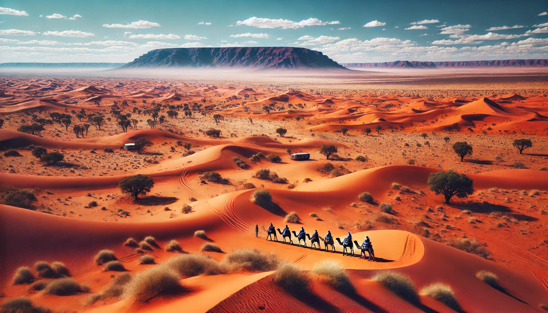 A stunning view of the Simpson Desert featuring vast stretches of red sand dunes under a clear blue sky. A camel caravan is seen traversing the dunes, capturing the essence of traditional desert life.