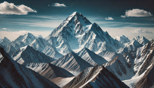 A stunning view of K2 (Mount Godwin-Austen) featuring its snow-covered peak under a clear blue sky. The rugged terrain of the Karakoram Range is visible, capturing the mountain's majestic beauty and challenging conditions.