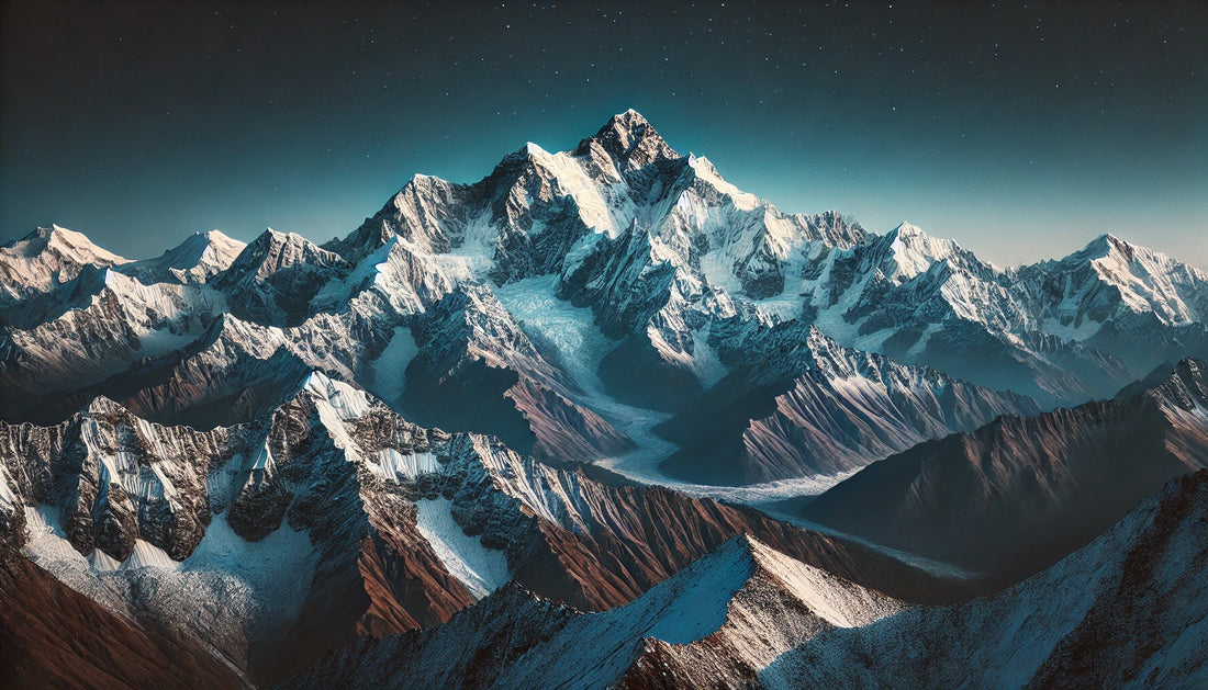 A stunning view of Kangchenjunga featuring its snow-covered peaks under a clear blue sky. The rugged terrain of the Himalayas is visible, capturing the mountain's majestic beauty and challenging conditions.