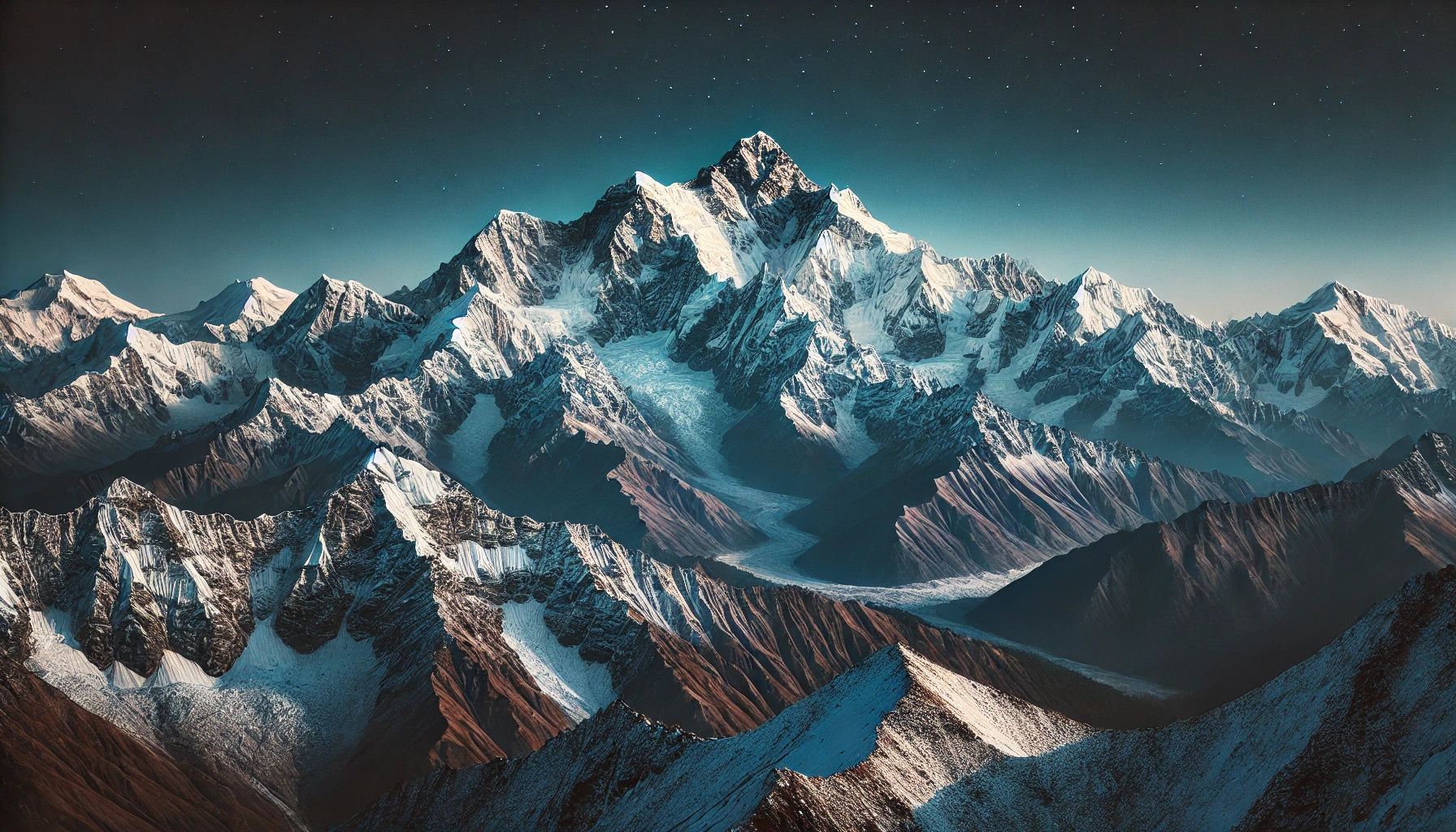 A stunning view of Kangchenjunga featuring its snow-covered peaks under a clear blue sky. The rugged terrain of the Himalayas is visible, capturing the mountain's majestic beauty and challenging conditions.