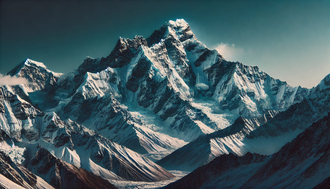 A stunning view of Makalu featuring its snow-covered peak under a clear blue sky. The rugged terrain of the Himalayas is visible, capturing the mountain's majestic beauty and challenging conditions.